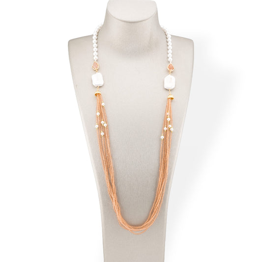 Majorca Pearl and CZ Crystals Bijoux Necklace With Baroque River Pearls 90cm Champagne