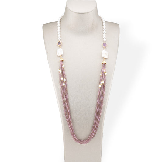 Majorca Pearl and CZ Crystal Bijoux Necklace With Baroque River Pearls 90cm Powder