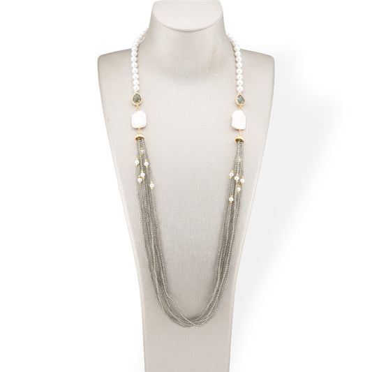 Majorca Pearl and CZ Crystals Bijoux Necklace With Baroque River Pearls 90cm Grey