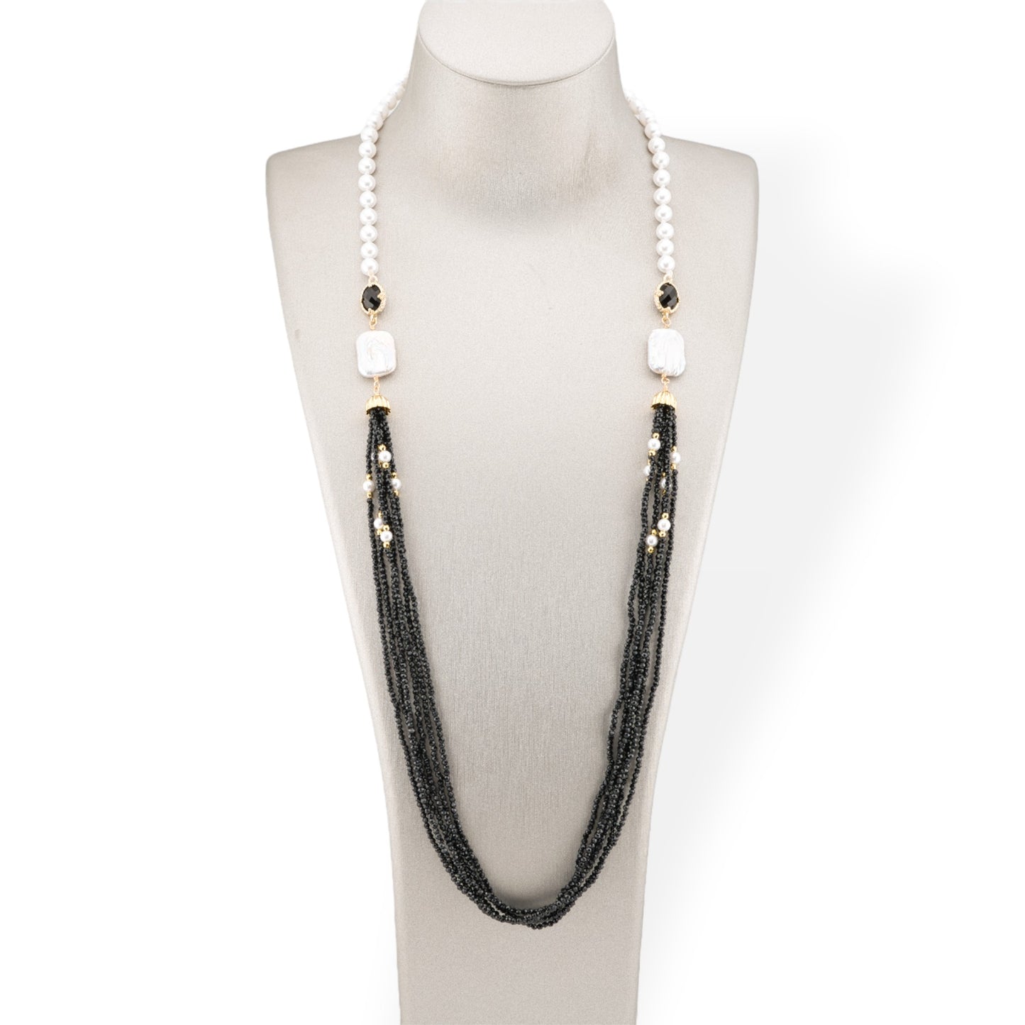 Mallorca Pearl and CZ Crystals Bijoux Necklace With Baroque River Pearls 90cm Black