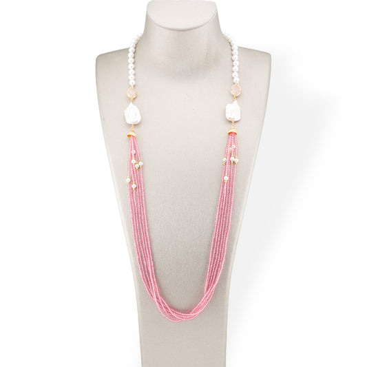 Mallorca Pearl and CZ Crystals Bijoux Necklace With Baroque River Pearls 90cm Pink