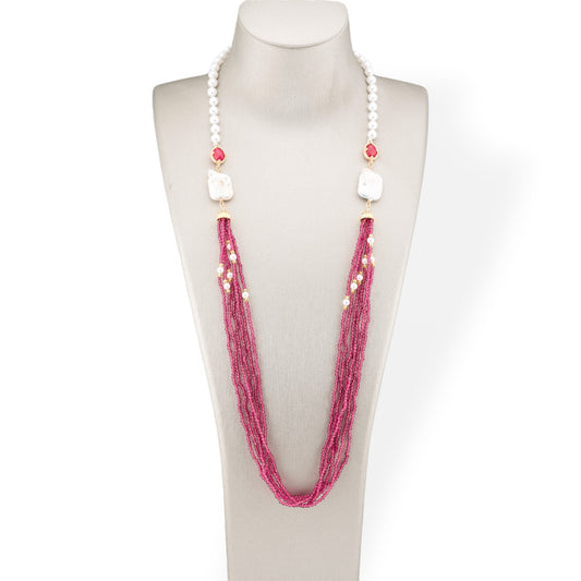 Mallorca Pearl and CZ Crystals Bijoux Necklace With Baroque River Pearls 90cm Red