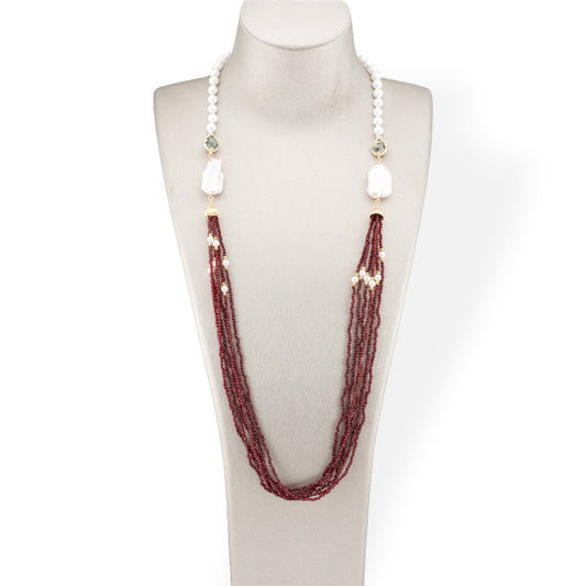 Mallorca Pearl and CZ Crystals Bijoux Necklace With Baroque River Pearls 90cm Dark Ruby