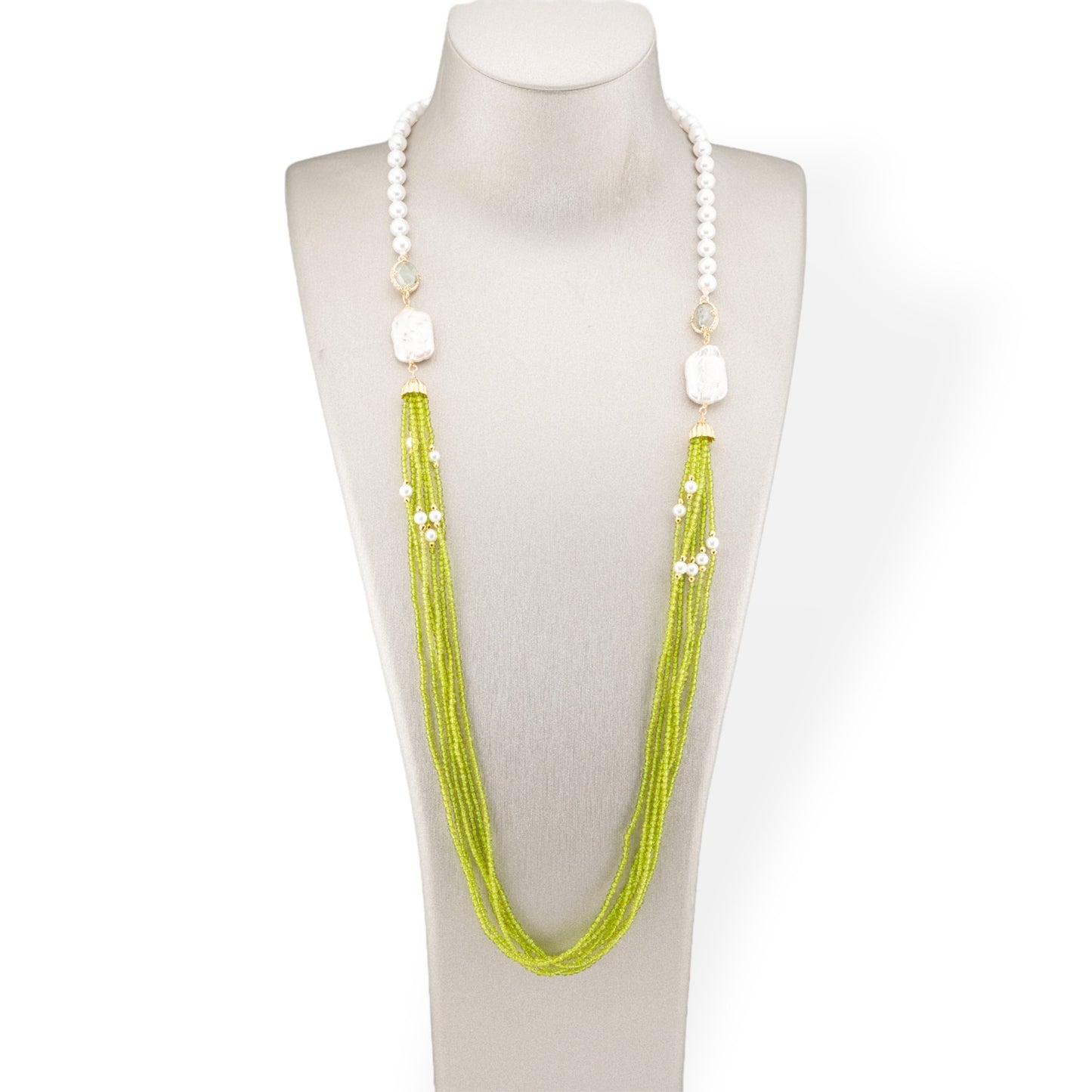 Mallorca Pearl and CZ Crystals Bijoux Necklace With Baroque River Pearls 90cm Acid Green