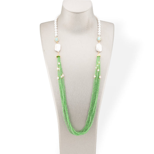 Mallorca Pearl and CZ Crystals Bijoux Necklace With Baroque River Pearls 90cm Light Green