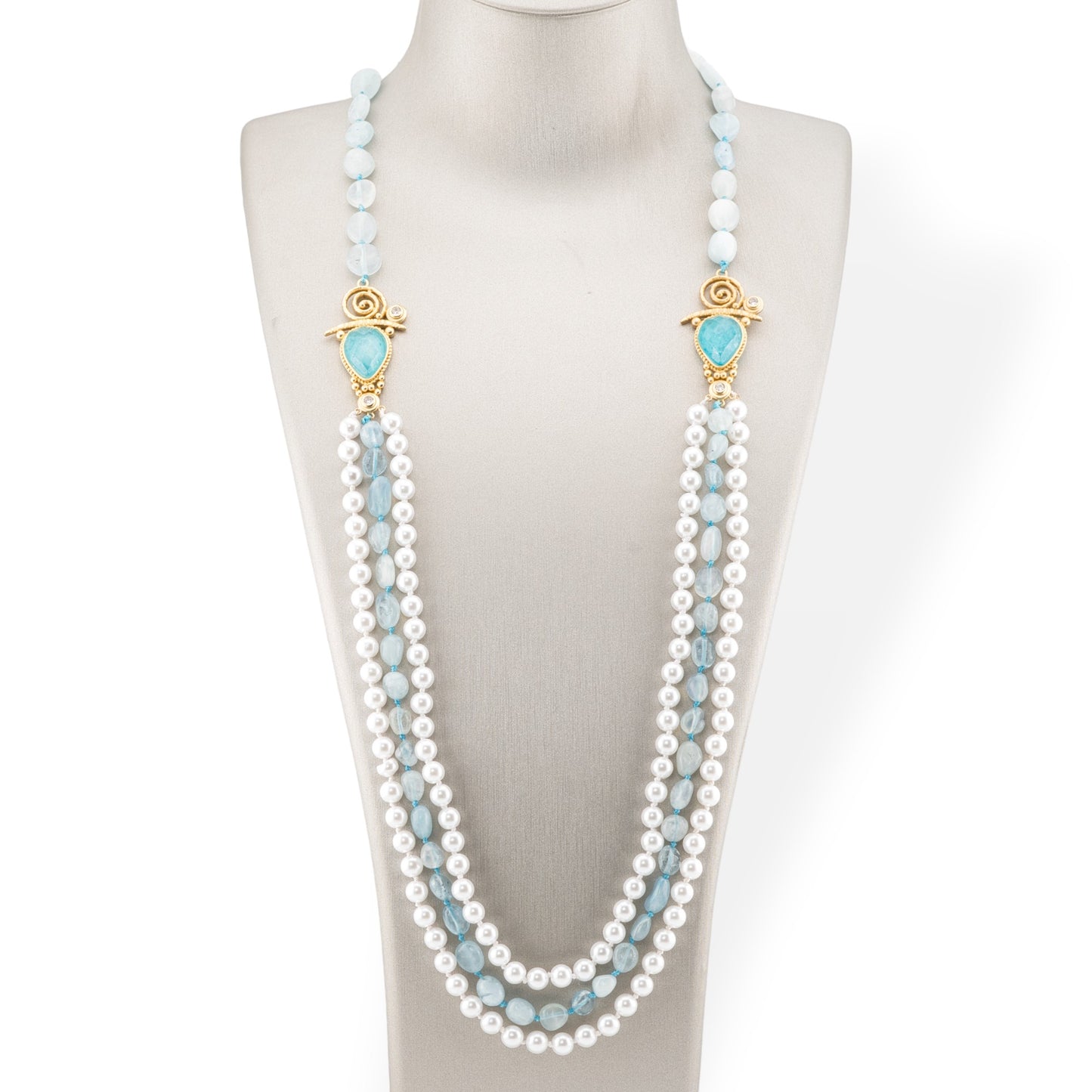 Tumbled Stone Bijoux Necklace With Majorcan Pearl And Bronze Center 90cm Aquamarine