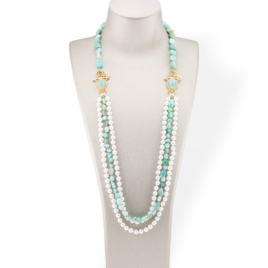 Tumbled Stone Bijoux Necklace With Majorcan Pearl And Bronze Center 90cm Amazonite