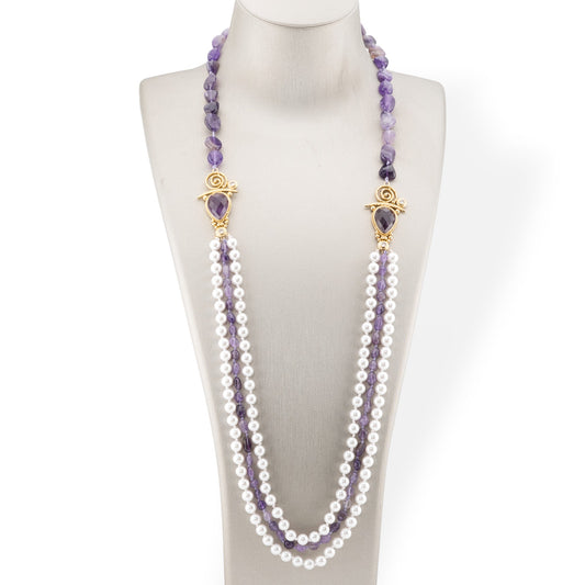 Tumbled Stone Bijoux Necklace With Majorcan Pearl And Bronze Center 90cm Amethyst