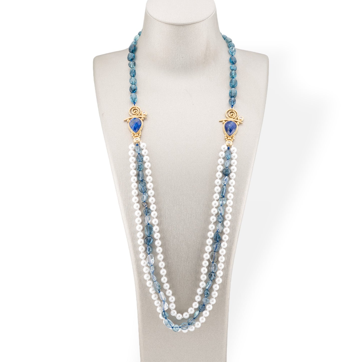 Tumbled Stone Bijoux Necklace With Majorcan Pearl And Bronze Center 90cm Blue Rock Crystal