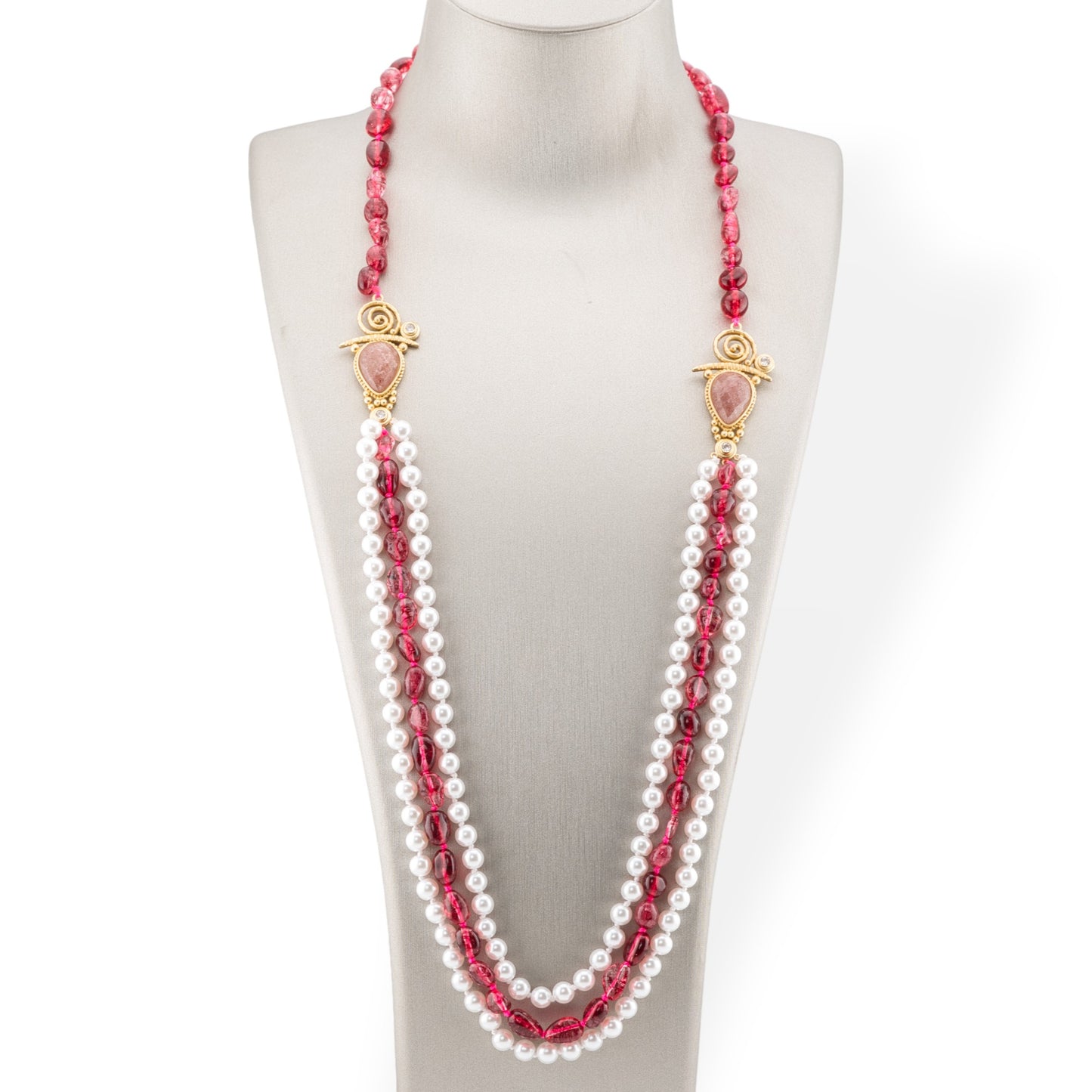 Tumbled Stone Bijoux Necklace With Majorcan Pearl And Bronze Center 90cm Ruby Rock Crystal