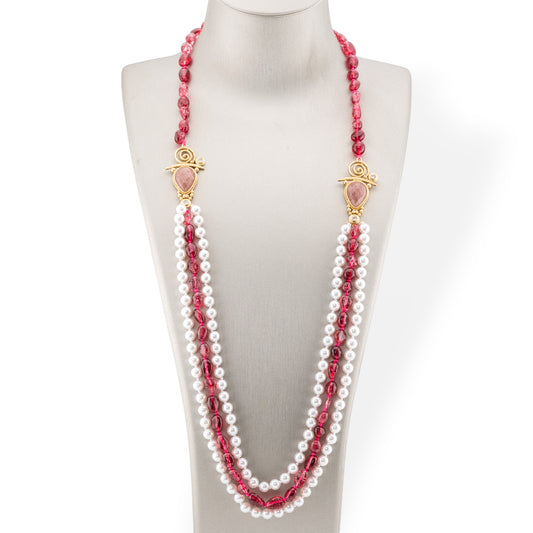 Tumbled Stone Bijoux Necklace With Majorcan Pearl And Bronze Center 90cm Ruby Rock Crystal