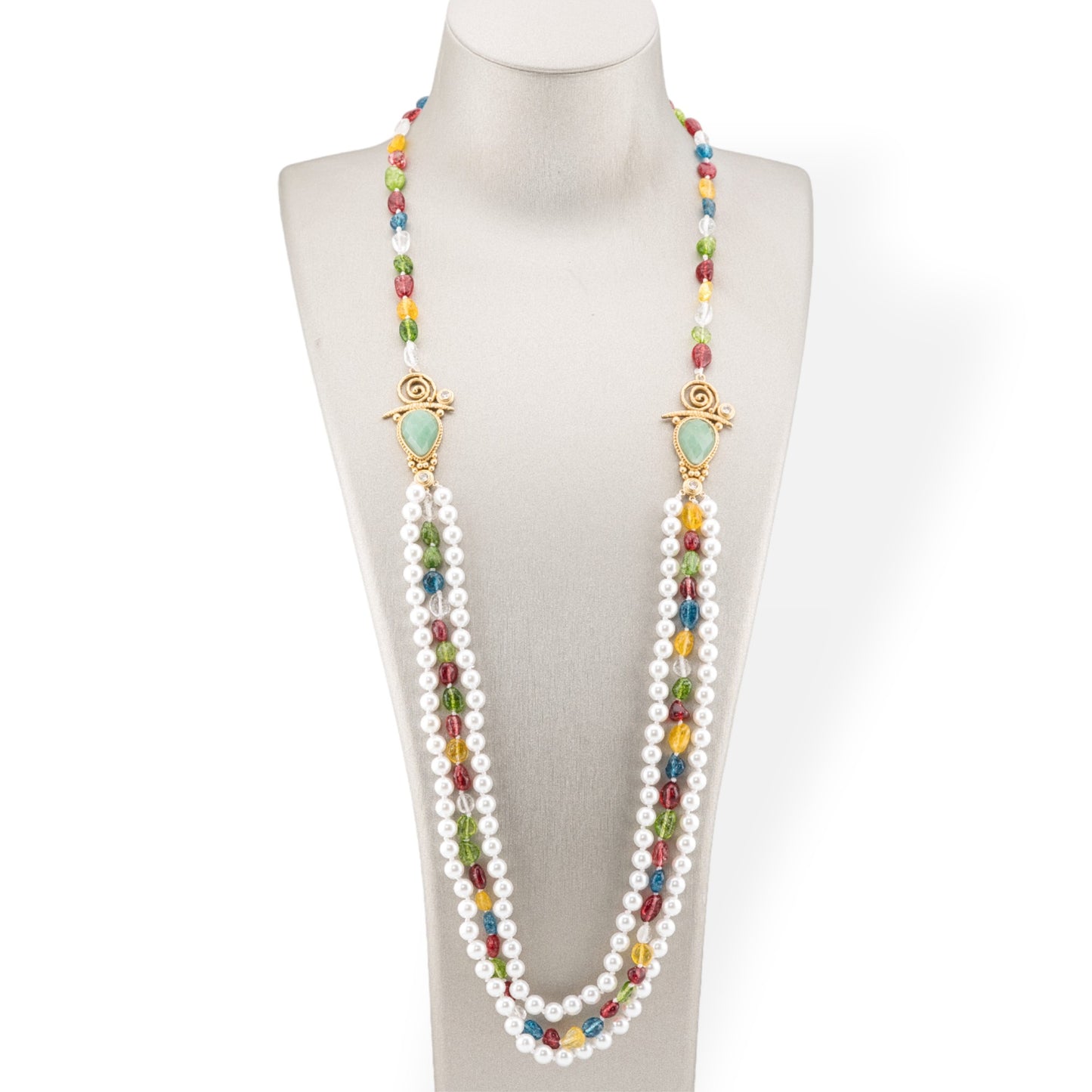 Tumbled Stone Bijoux Necklace With Majorcan Pearl And Bronze Center 90cm Multicolor