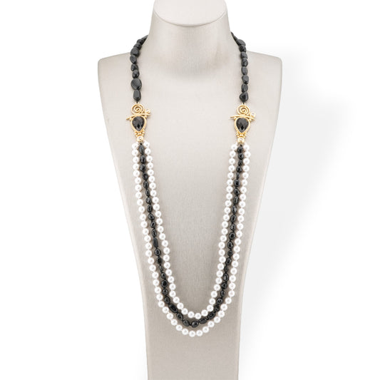 Tumbled Stone Bijoux Necklace With Majorcan Pearl And Bronze Center 90cm Onyx