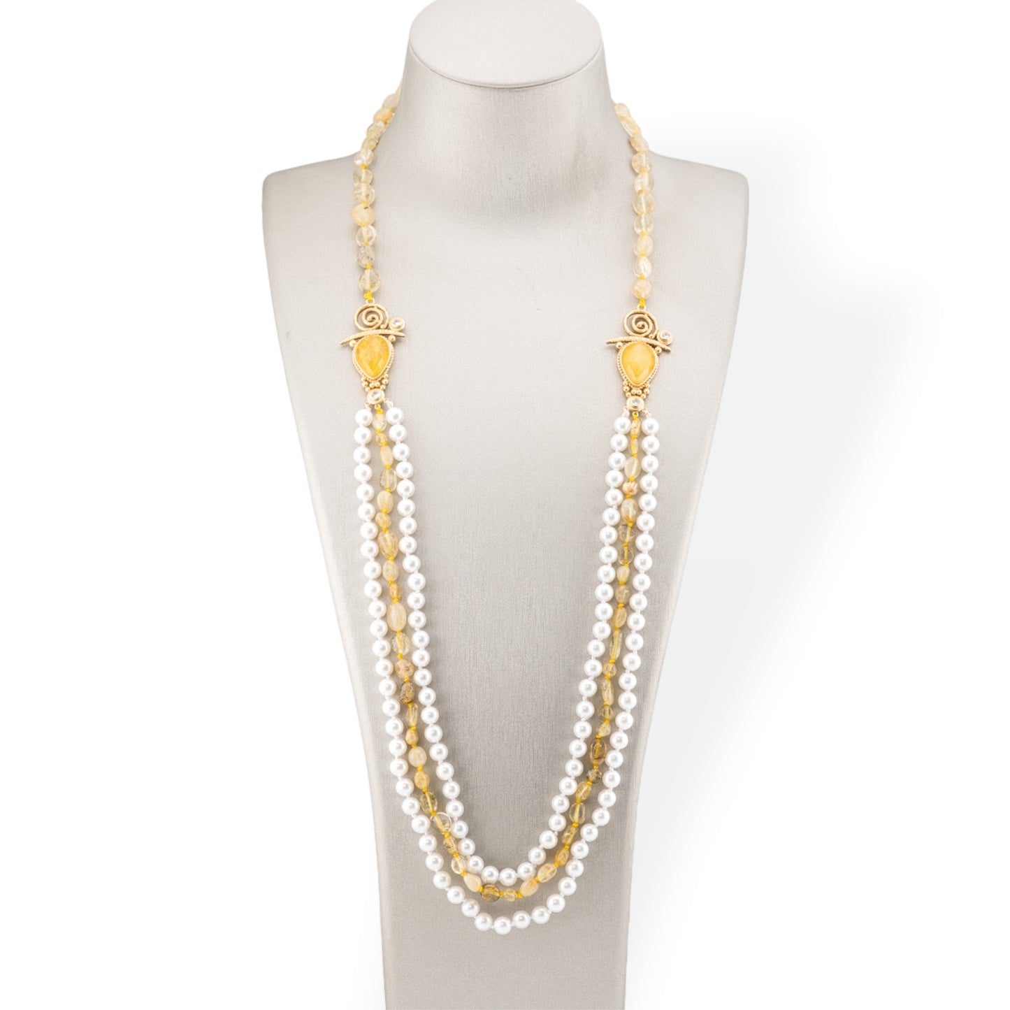 Tumbled Stone Bijoux Necklace With Majorcan Pearl And Bronze Center 90cm Citrine Quartz