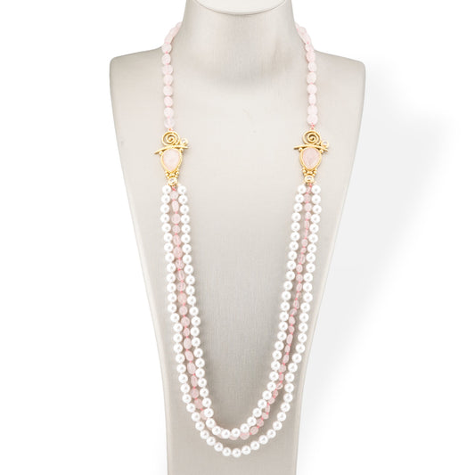 Tumbled Stone Bijoux Necklace With Majorcan Pearl And Bronze Center 90cm Rose Quartz