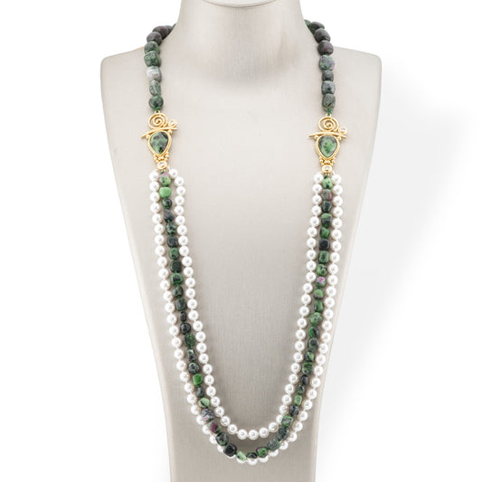 Tumbled Stone Bijoux Necklace With Majorcan Pearl And Bronze Center 90cm Rubyzoisite