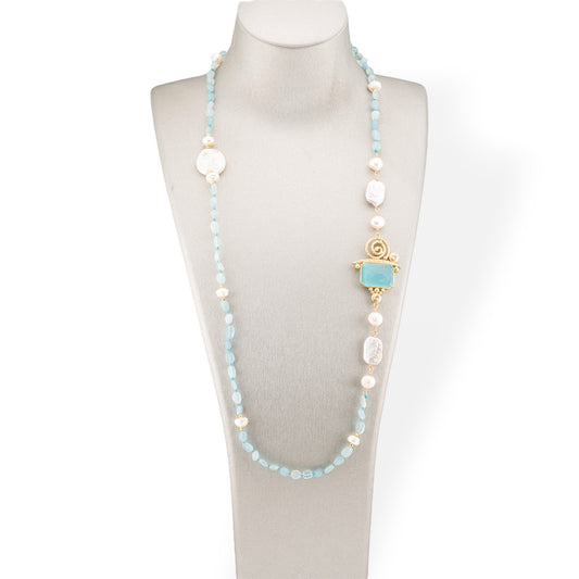 Tumbled Stone Bijoux Necklace With Baroque River Pearls And Bronze Center And Cat's Eye 90cm Aquamarine