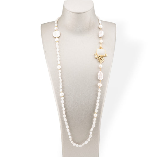 Tumbled Stone Bijoux Necklace With Baroque River Pearls And Bronze Center And Cat's Eye 90cm White