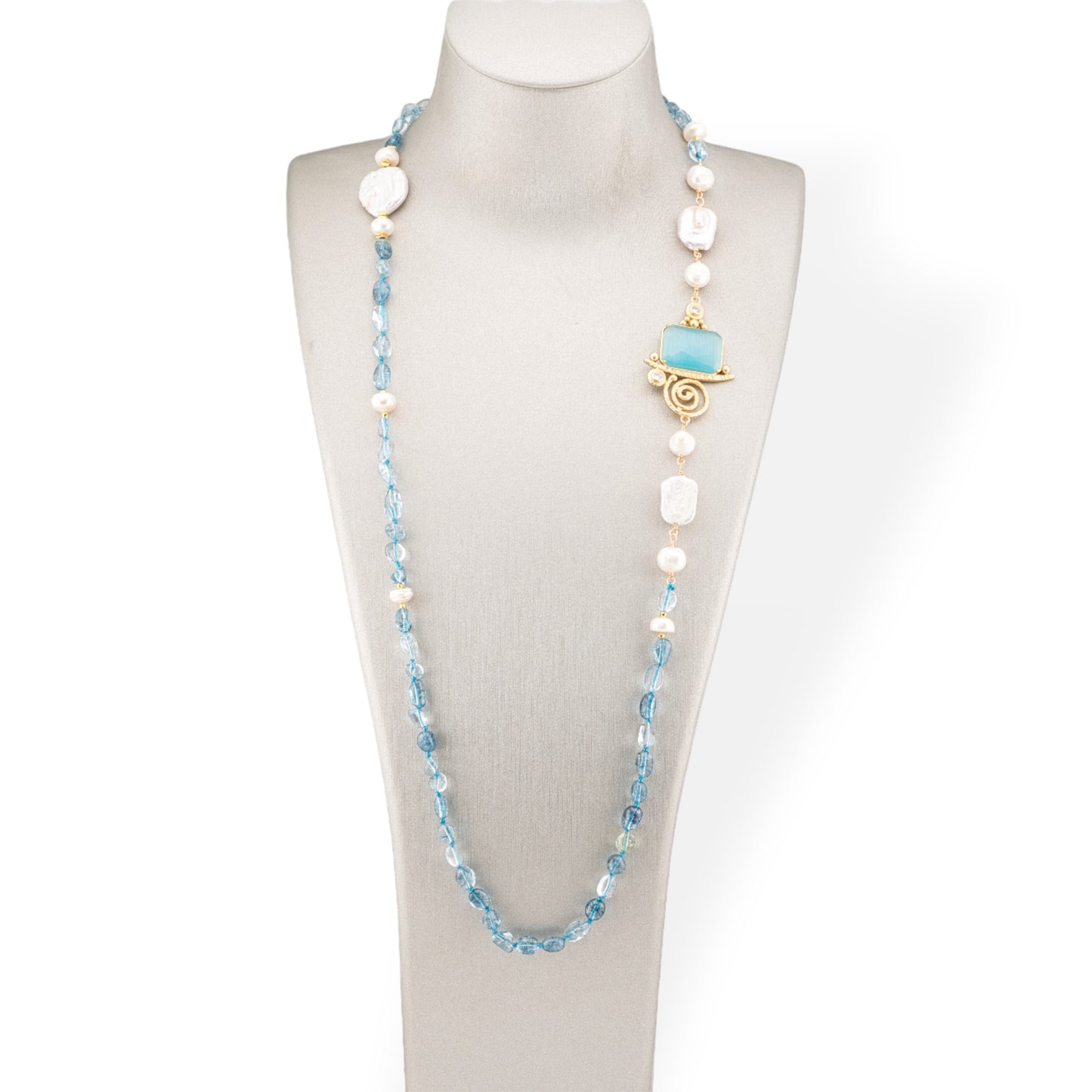 Tumbled Stone Bijoux Necklace With Baroque River Pearls And Bronze Center And Cat's Eye 90cm Rose Crystal