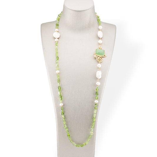 Tumbled Stone Bijoux Necklace With Baroque River Pearls And Bronze Center And Cat's Eye 90cm Rose Crystal