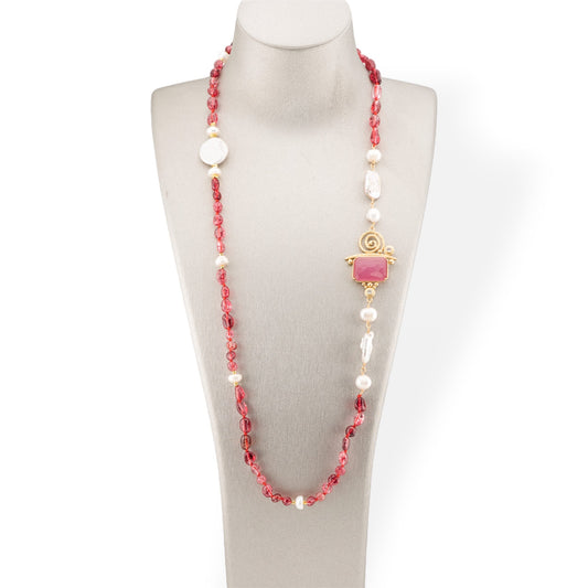 Tumbled Stone Bijoux Necklace With Baroque River Pearls And Bronze Center And Cat's Eye 90cm Rose Crystal