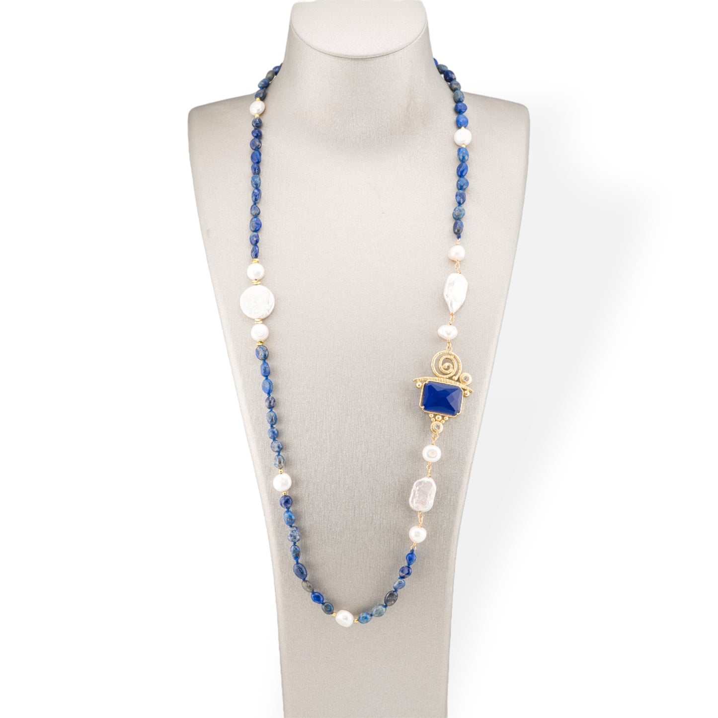 Tumbled Stone Bijoux Necklace With Baroque River Pearls And Bronze Center And Cat's Eye 90cm Lapis Lazuli