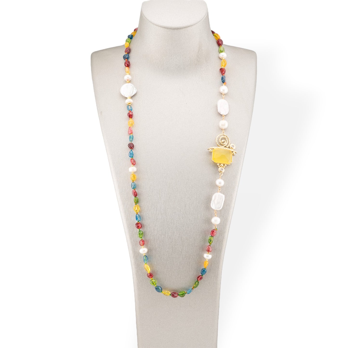 Tumbled Stone Bijoux Necklace With Baroque River Pearls And Bronze Center And Cat's Eye 90cm Multicolor