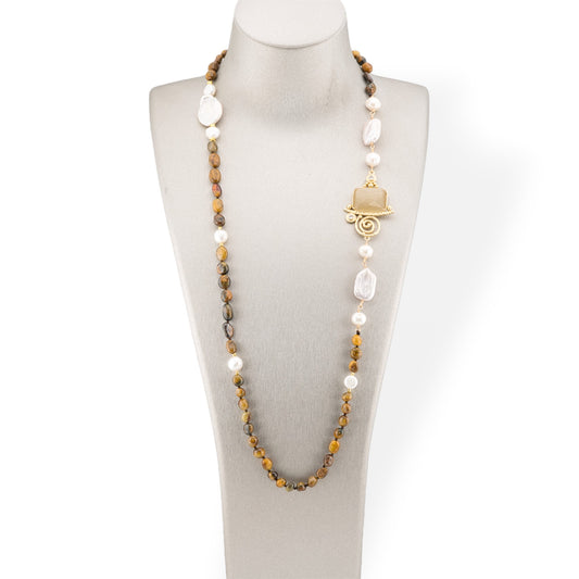 Tumbled Stone Bijoux Necklace With Baroque River Pearls And Bronze Center And Cat's Eye 90cm Tiger's Eye