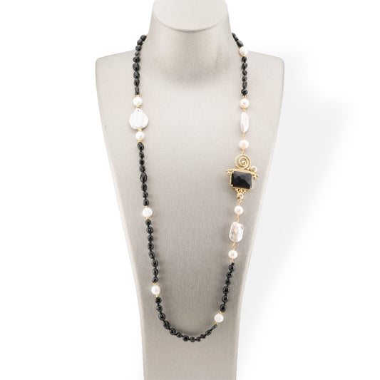 Tumbled Stone Bijoux Necklace With Baroque River Pearls And Bronze Center And Cat's Eye 90cm Onyx