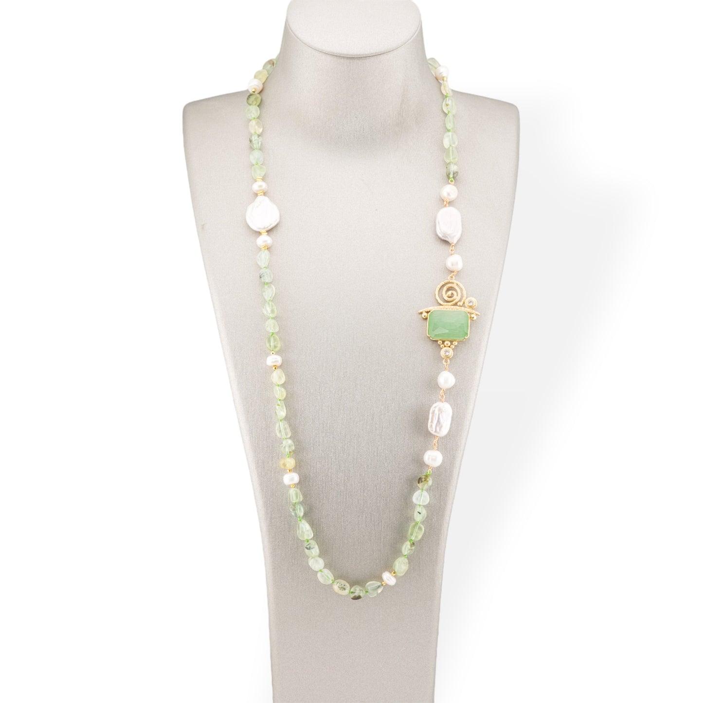 Tumbled Stone Bijoux Necklace With Baroque River Pearls And Bronze Center And Cat's Eye 90cm Prenite