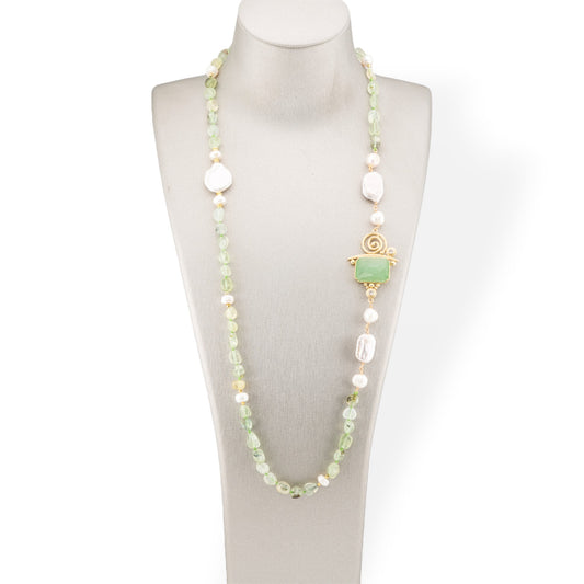 Tumbled Stone Bijoux Necklace With Baroque River Pearls And Bronze Center And Cat's Eye 90cm Prenite