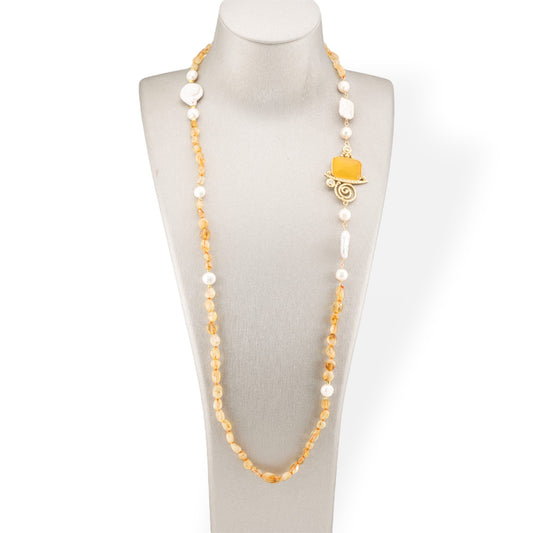 Tumbled Stone Bijoux Necklace With Baroque River Pearls and Bronze Center and Cat's Eye 90cm Citrine Quartz