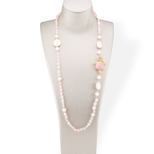 Tumbled Stone Bijoux Necklace With Baroque River Pearls And Bronze Center And Cat's Eye 90cm Rose Quartz