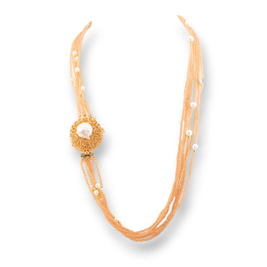 Multi-strand CZ Crystal Bijoux Necklace With River Pearls And Majorca And Hematite 60cm Peach