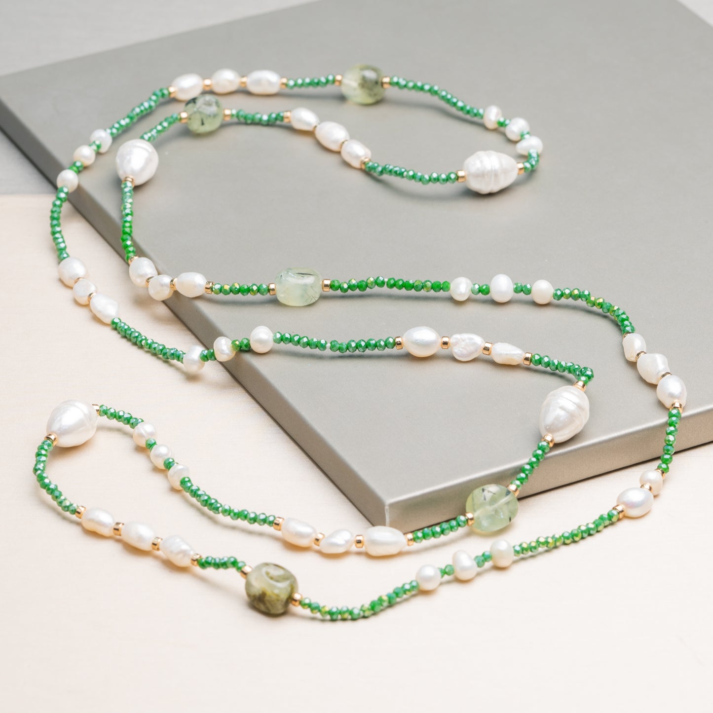 Charlestone Bijoux Necklace With River Pearls, Stones, Hematite and Crystals 120cm Green