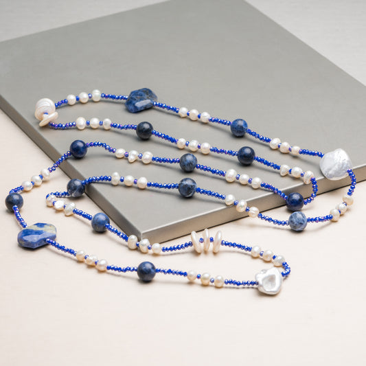 Charlestone Bijoux Necklace With Hard Stones, Pearls And Crystals 120cm Blue