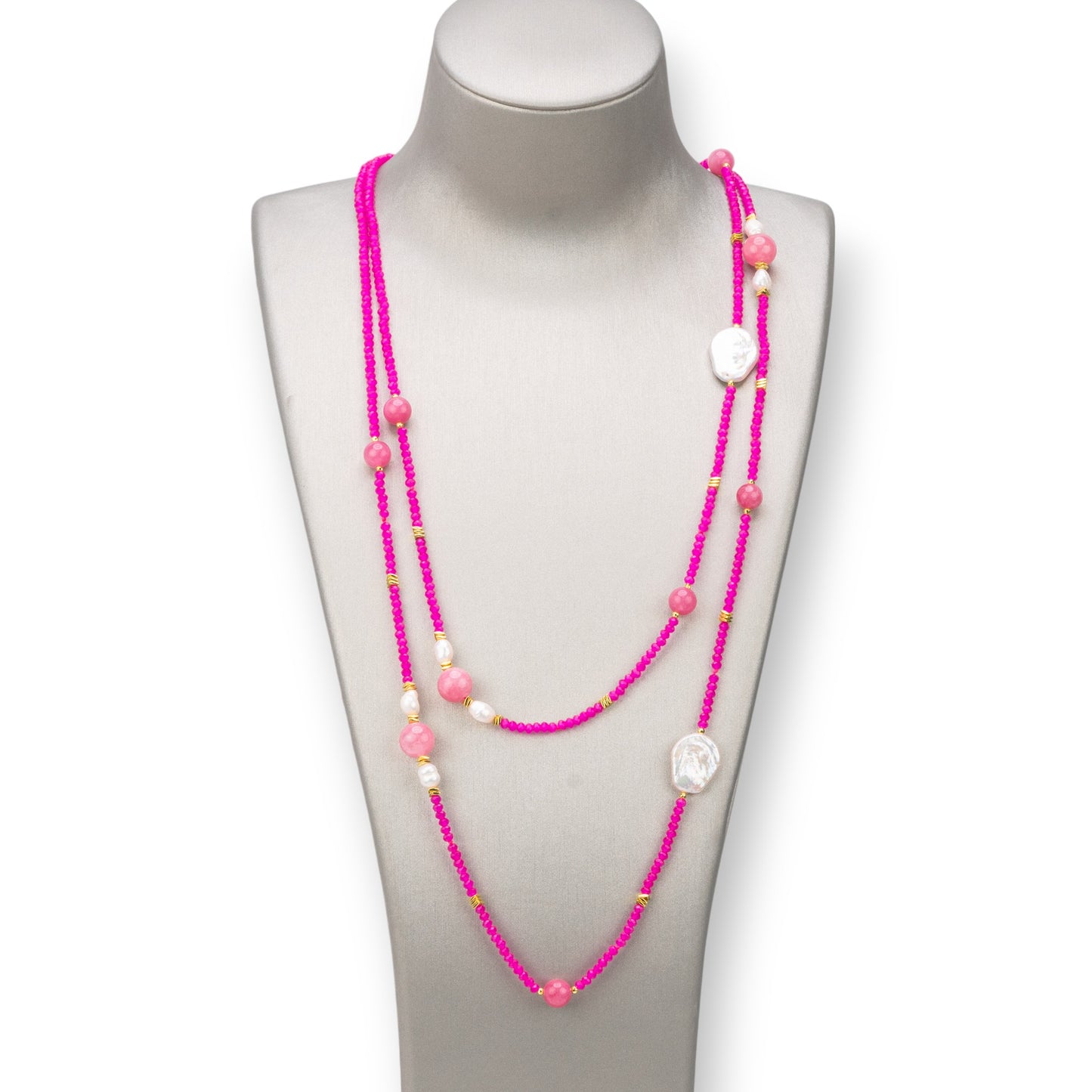 Charlestone Necklace Of 10mm Hard Stones, 7-15mm Pearls And 3mm Crystals 160cm Fuchsia