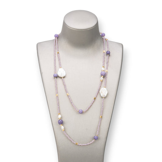 Charlestone Necklace Of 10mm Hard Stones, 7-15mm Pearls And 3mm Crystals 160cm Lavender