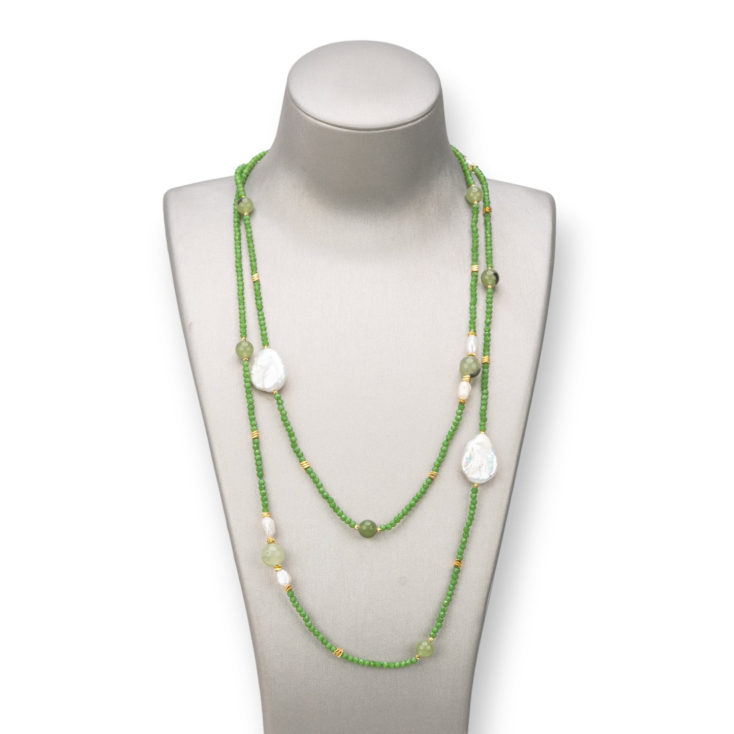 Charlestone Necklace Of 10mm Hard Stones, 7-15mm Pearls And 3mm Crystals 160cm Forest Green