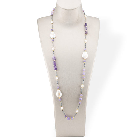 Charlestone Necklace Of Hard Stones, Pearls And Hematite 90cm Amethyst