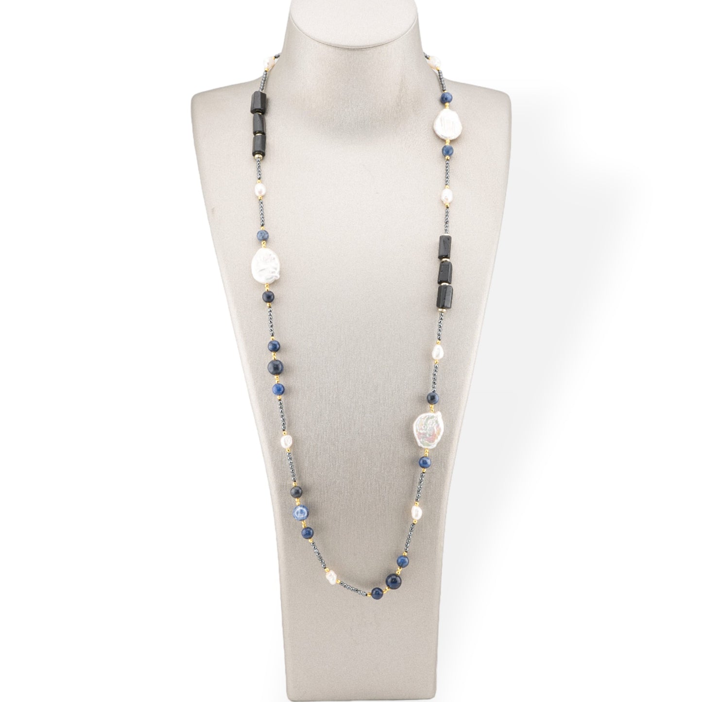 Charlestone Necklace Of Hard Stones, Pearls And Hematite 90cm Black And Lapis