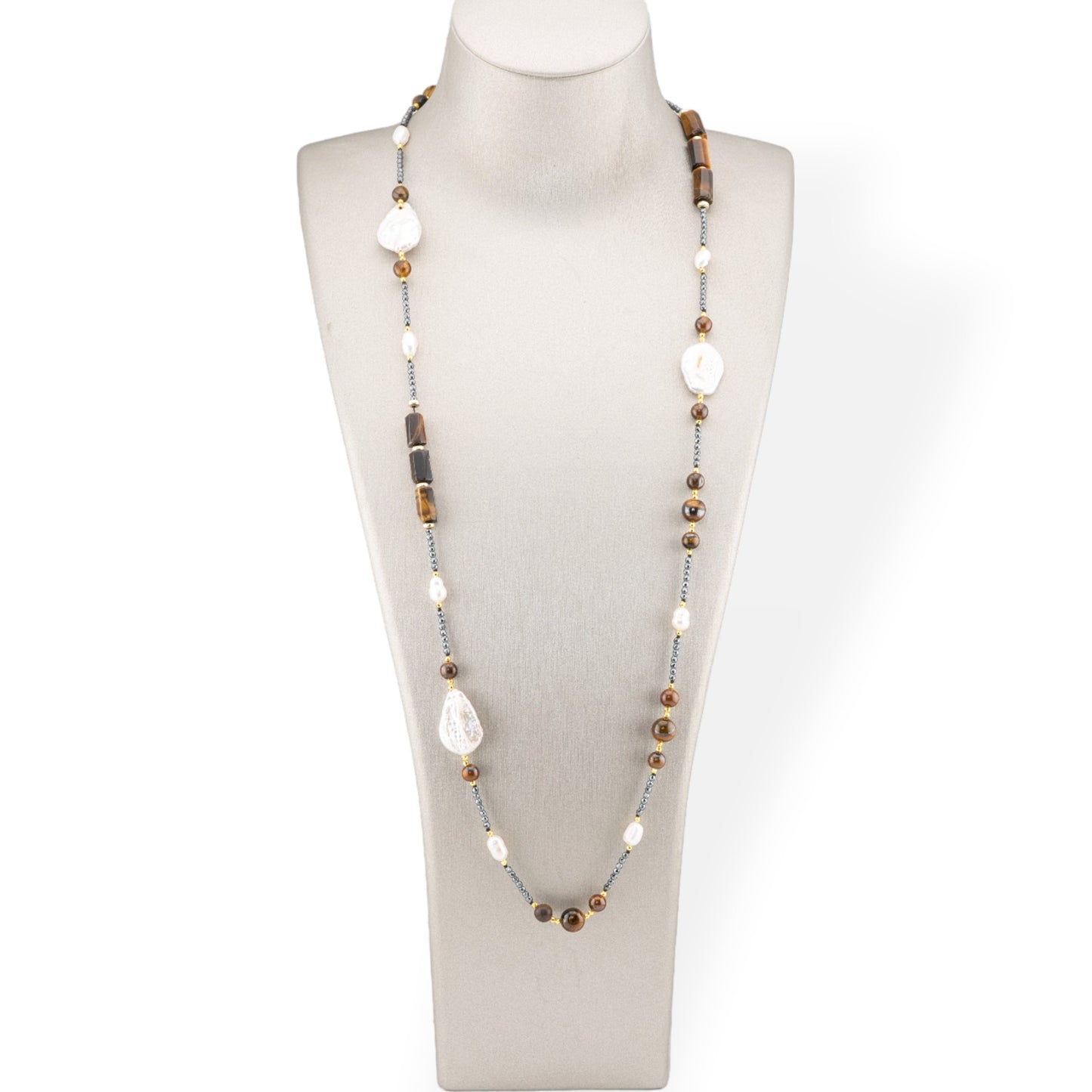 Charlestone Necklace Of Hard Stones, Pearls And Hematite 90cm Tiger's Eye