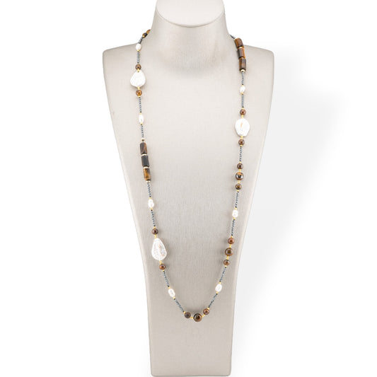 Charlestone Necklace Of Hard Stones, Pearls And Hematite 90cm Tiger's Eye