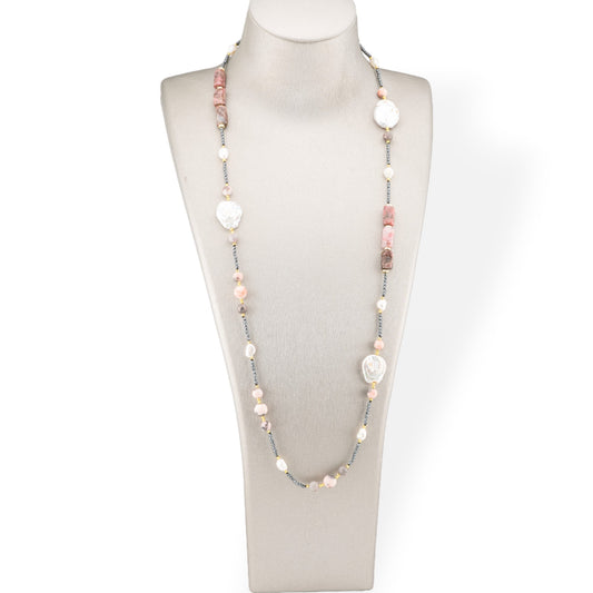 Charlestone Necklace Of Hard Stones, Pearls And Hematite 90cm Pink Opal