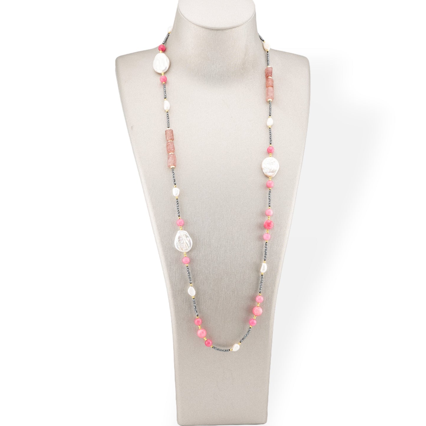 Collana Charlestone Di Pietre Dure, Perle E Ematite 90cm Rosa