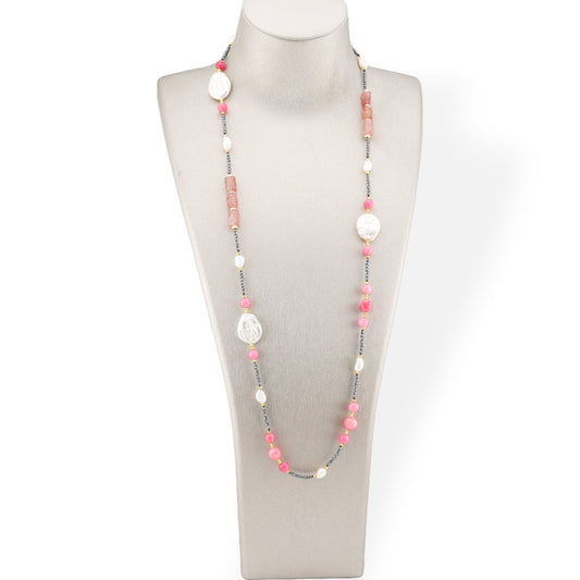 Collana Charlestone Di Pietre Dure, Perle E Ematite 90cm Rosa