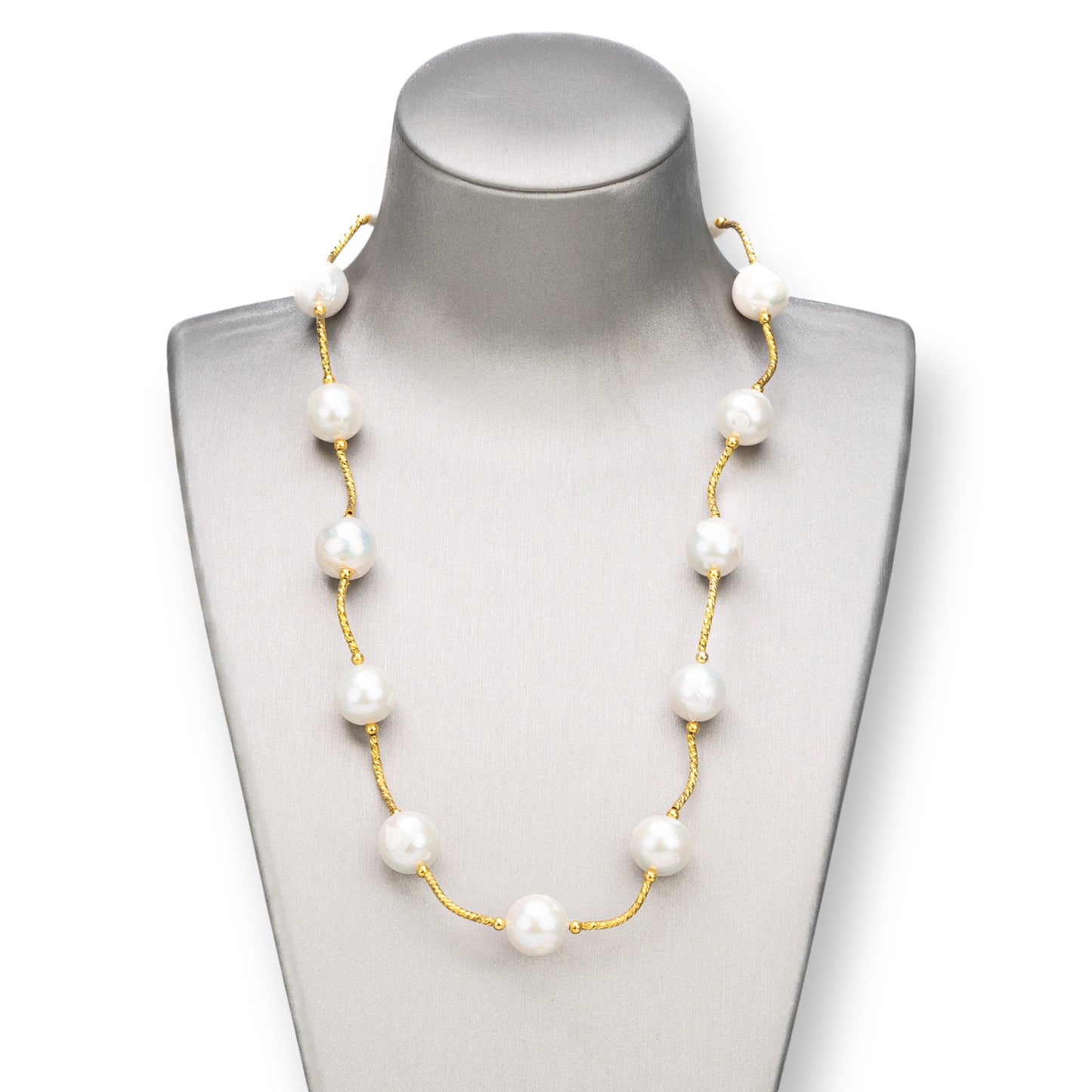 Baroque River Pearls and Brass Necklace 13-14mm