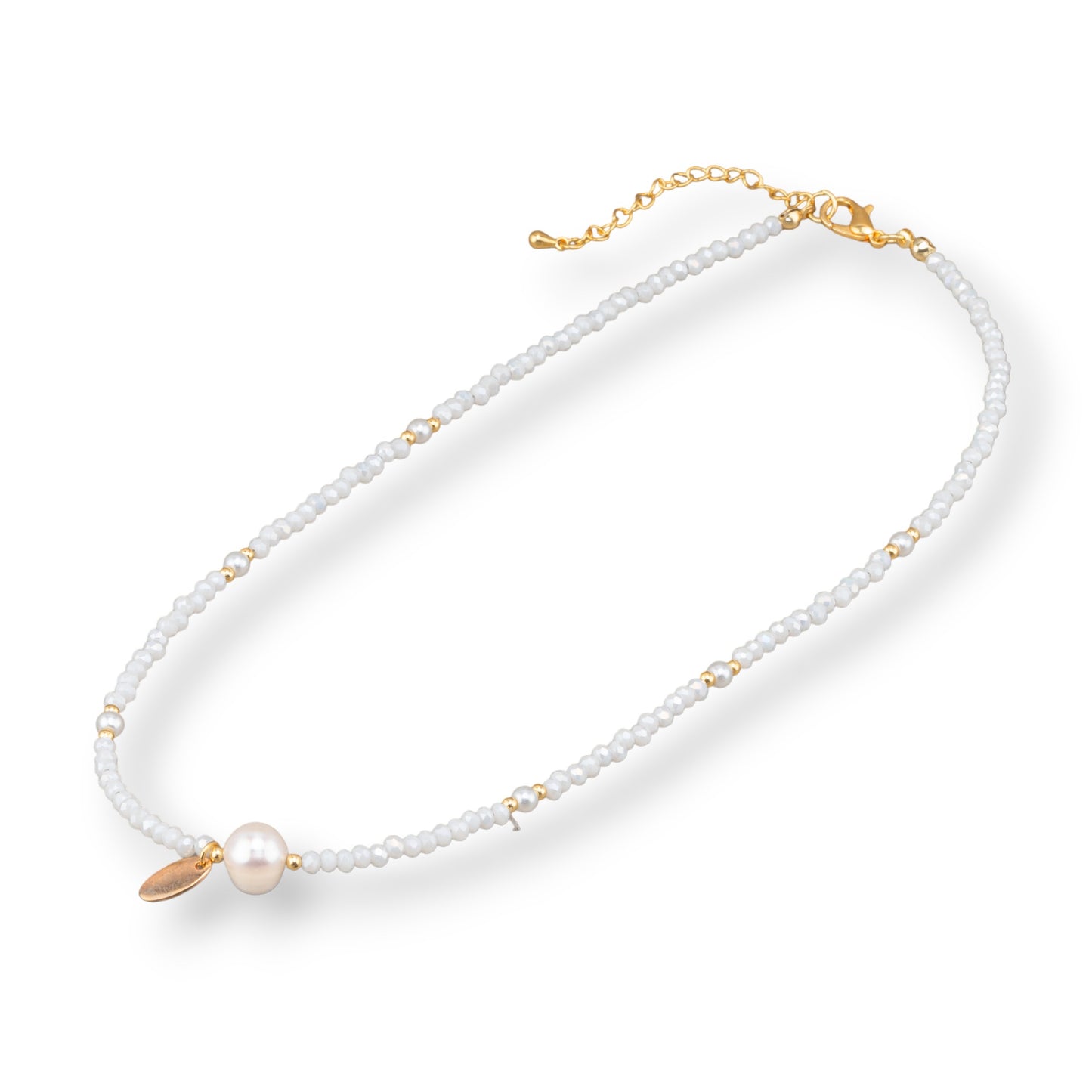 Fashion Choker Necklace With Crystals River Pearls And Brass Clasp 40cm+6cm 2pcs White