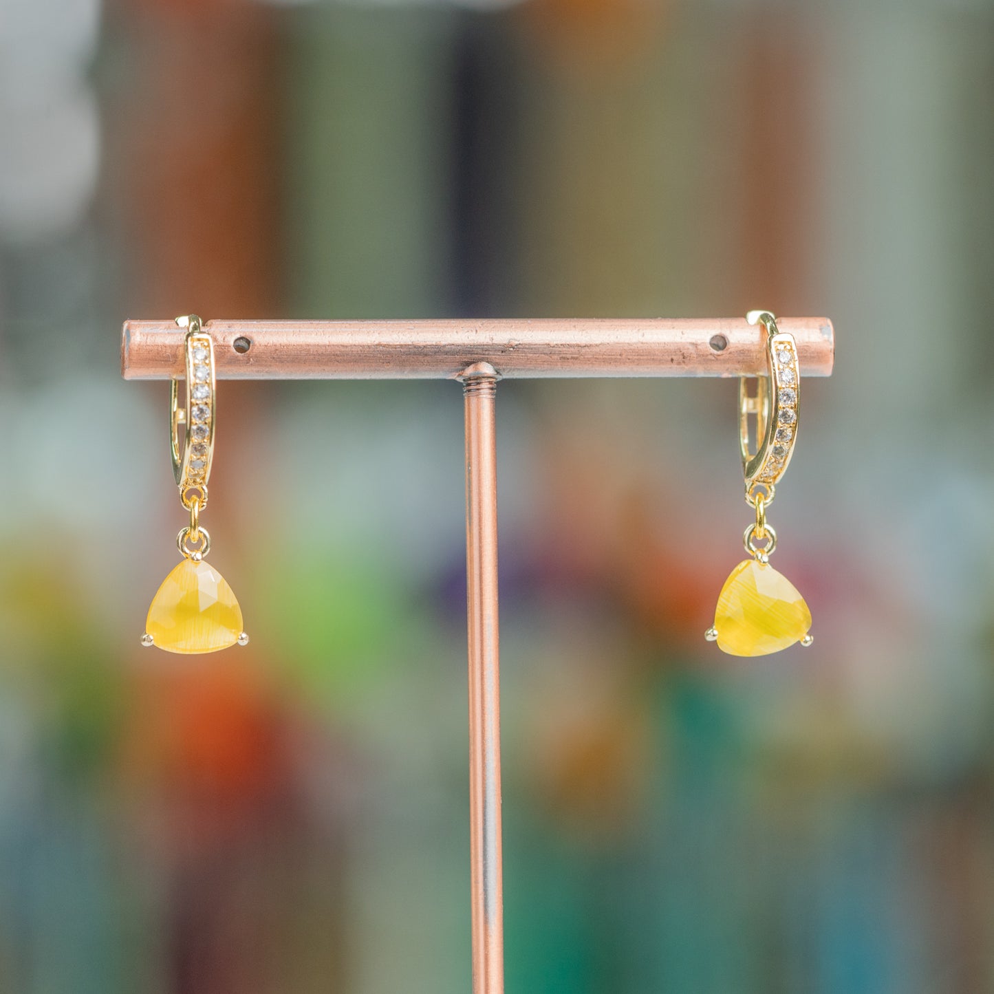 Bronze Closed Hoop Earrings With Zirconia And 9x26mm Cat's Eye Triangle Pendant Yellow Gold