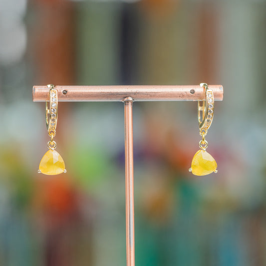 Bronze Closed Hoop Earrings With Zirconia And 9x26mm Cat's Eye Triangle Pendant Yellow Gold